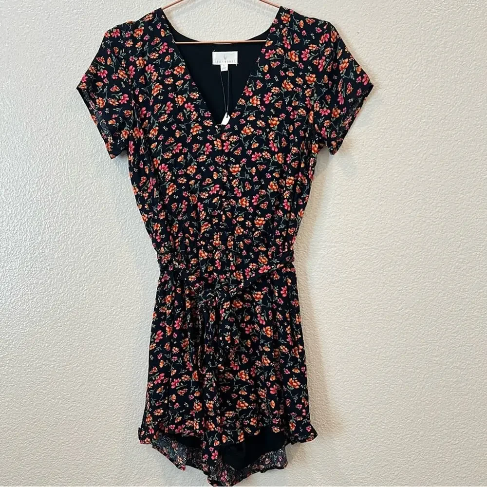 Lost + Wander Party Til Dawn Floral Romper ruffle hem black pink yellow